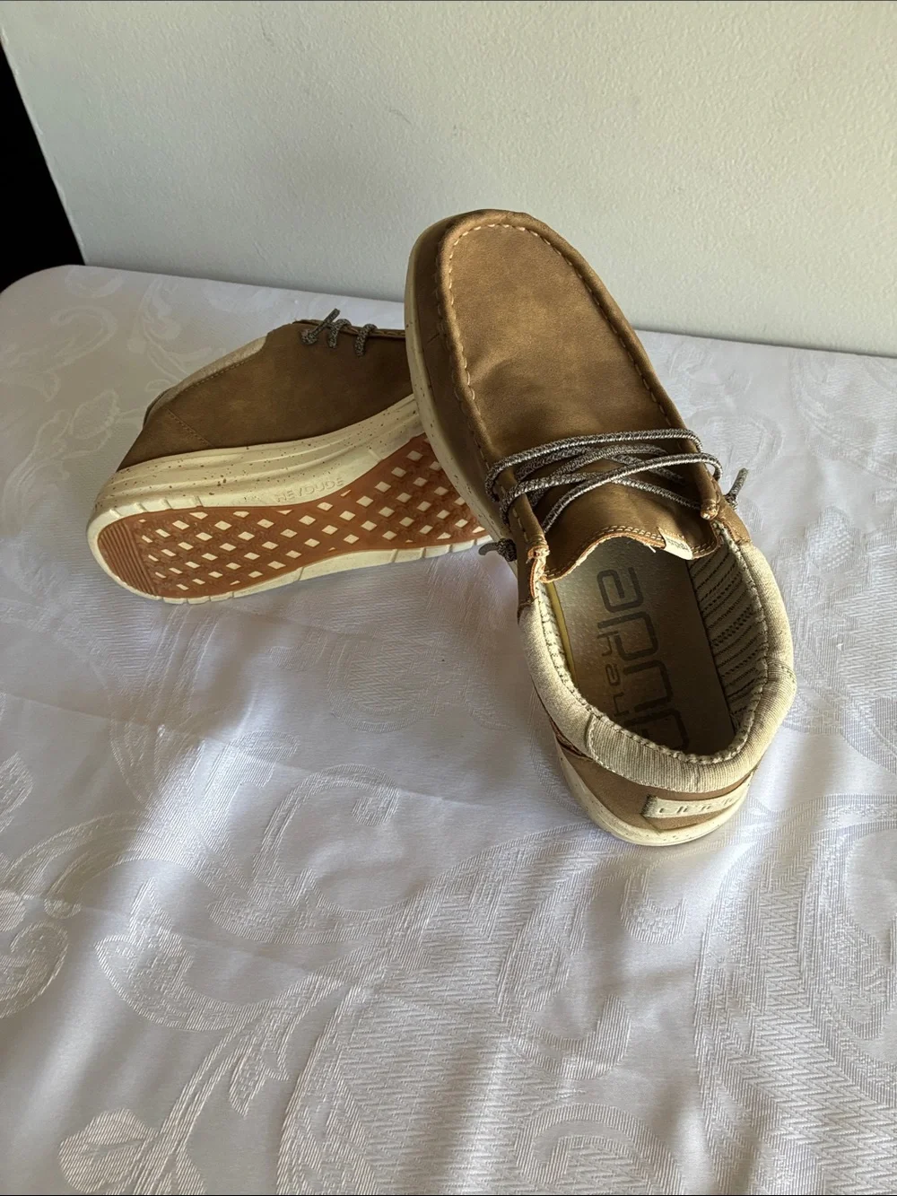 Hey Dude Men's Casual Boat Shoes in Tan and Cream